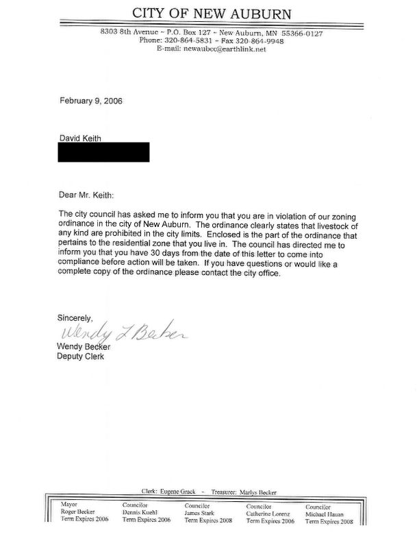 Letter from City Council of the New Auburn, MN